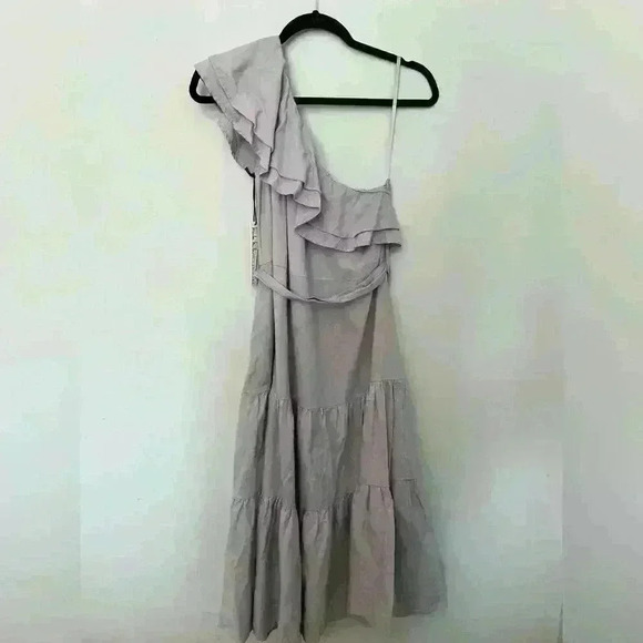 Nicole Miller One Shoulder Ruffle Trim Linen Tiered Midi Dress Size Sm - Picture 6 of 7